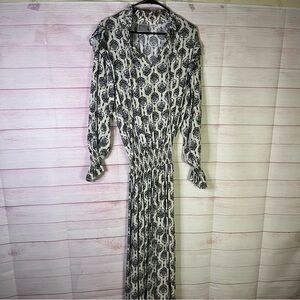 Finley Vintage Medallion Print Smocked Waist Tie Neck Long Sleeve Maxi Dress